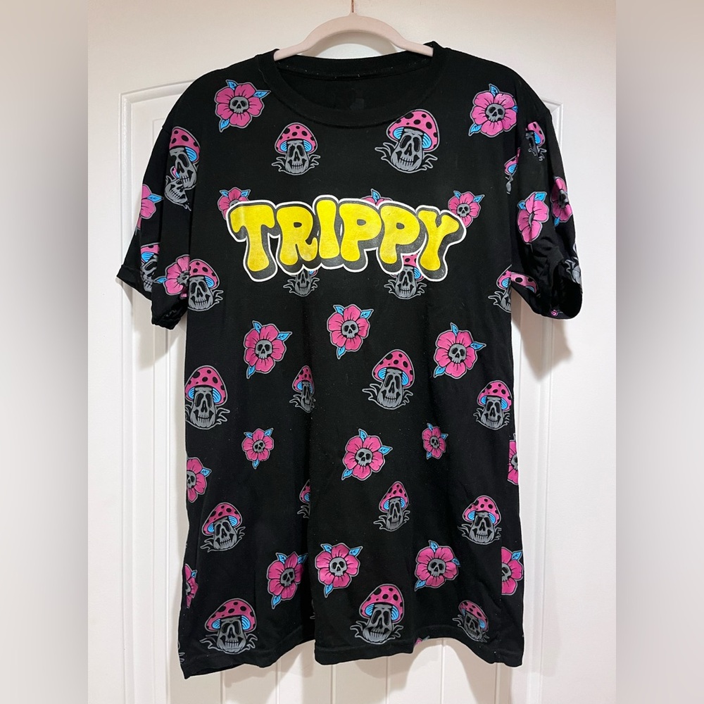 Trippy Black Graphic Tee with Pink and Yellow Accents